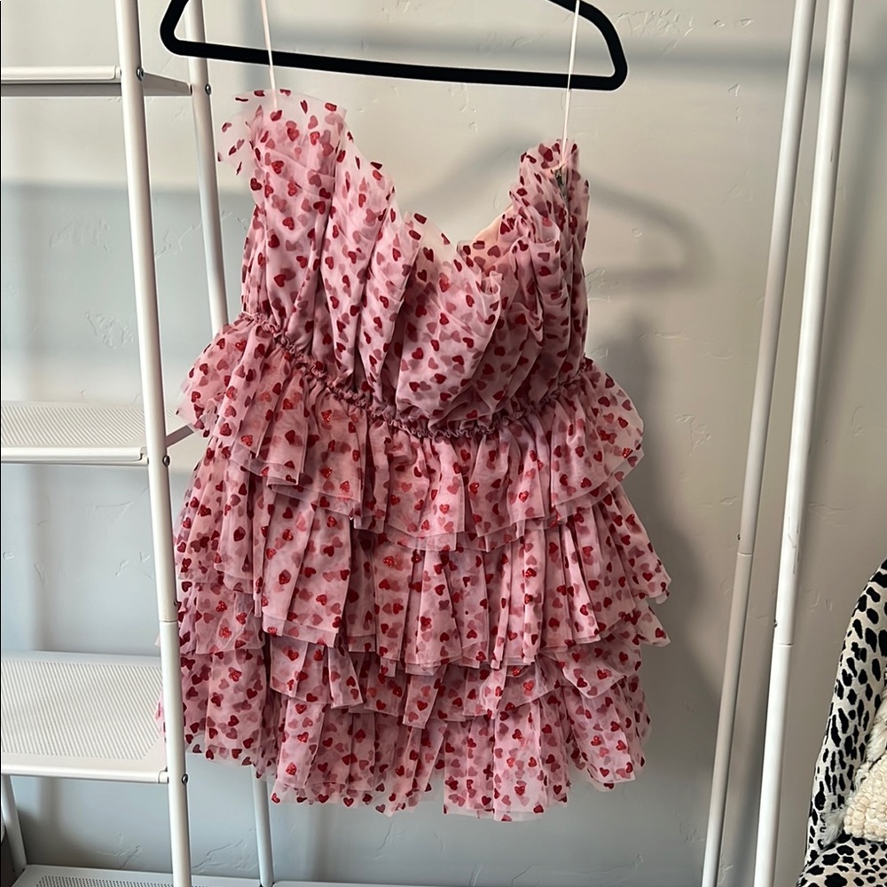 Vici Pink and Red Heart Ruffled Tiered Babydoll Dress